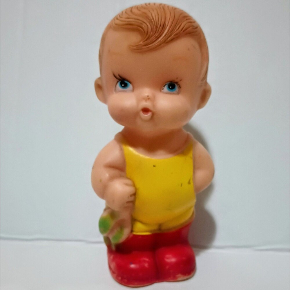 Vintage 5.5 Inch Baby Boy Doll Red Boots Carnival Kewpie Yellow Overalls Fish